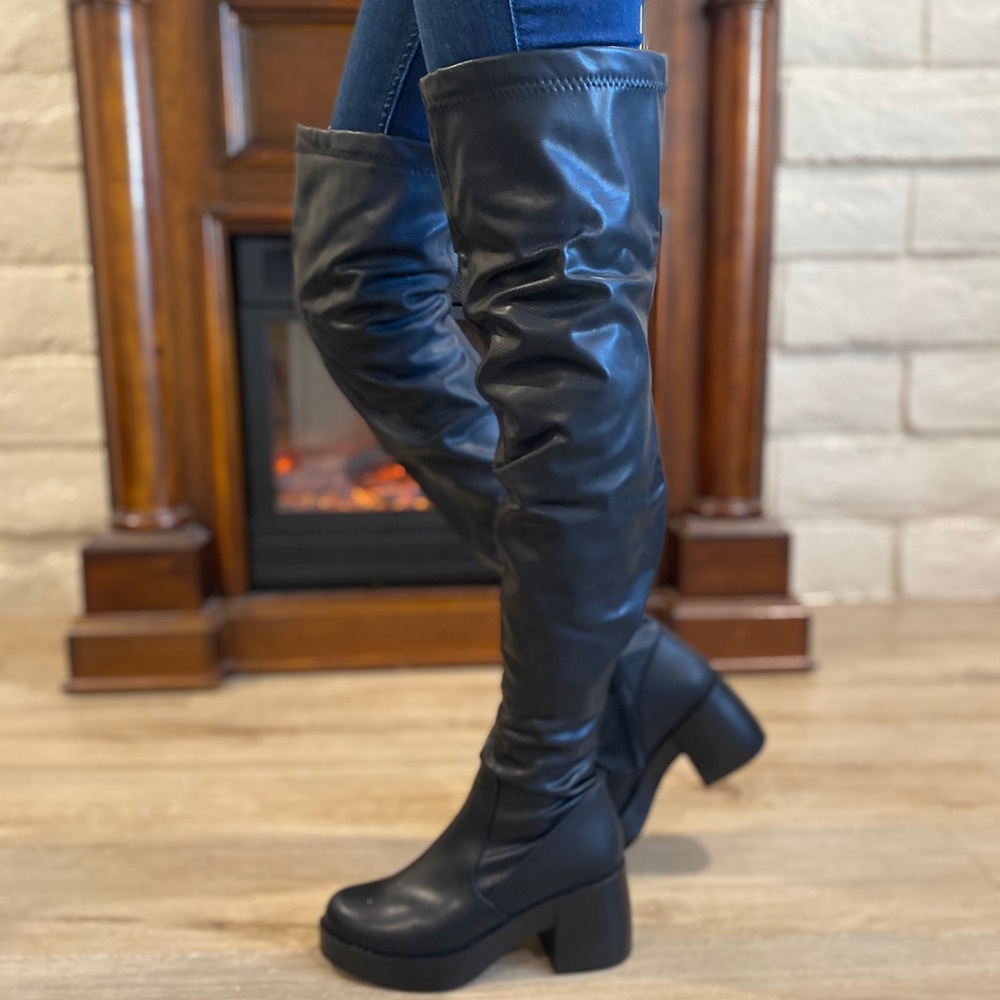 Thigh High Vegan Leather Chunky High Heel Boots OTK - Picture 6 of 13